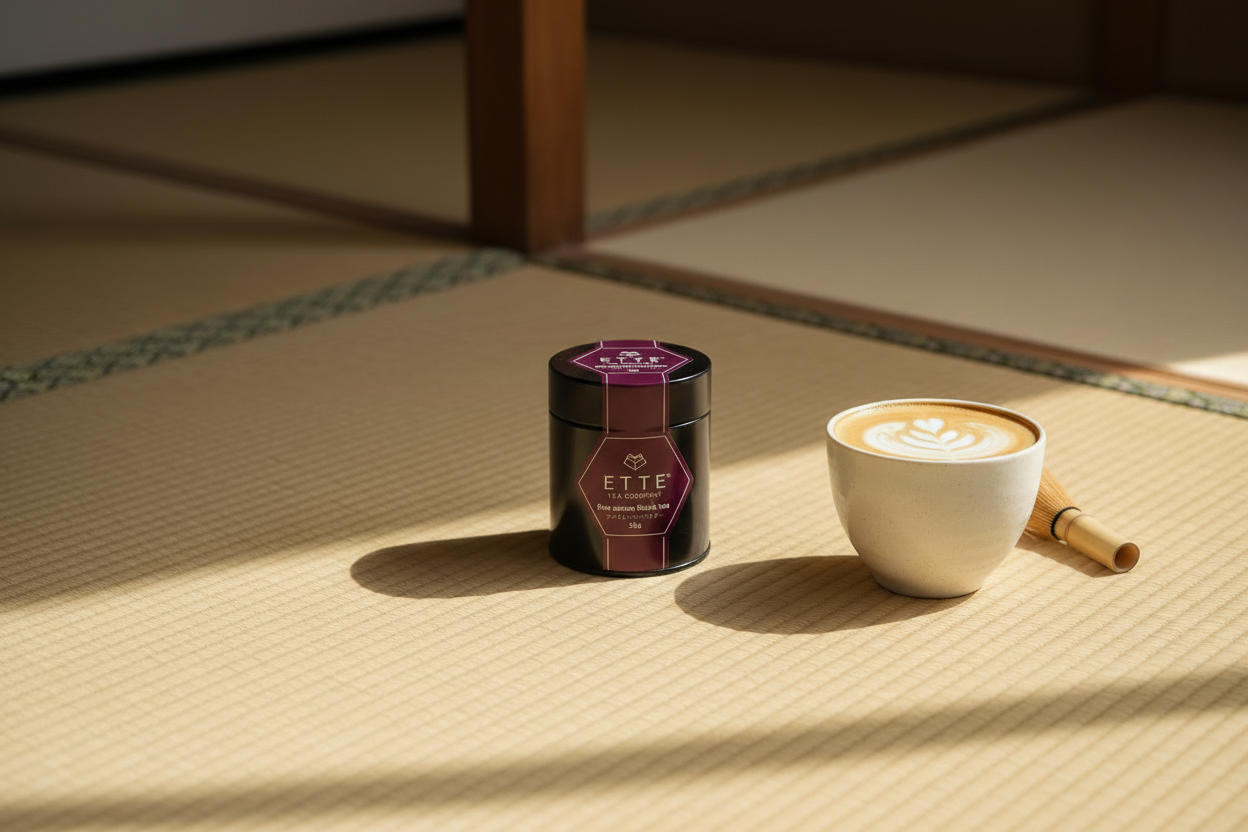 Black container with purple label featuring 'ETTE' on a beige background