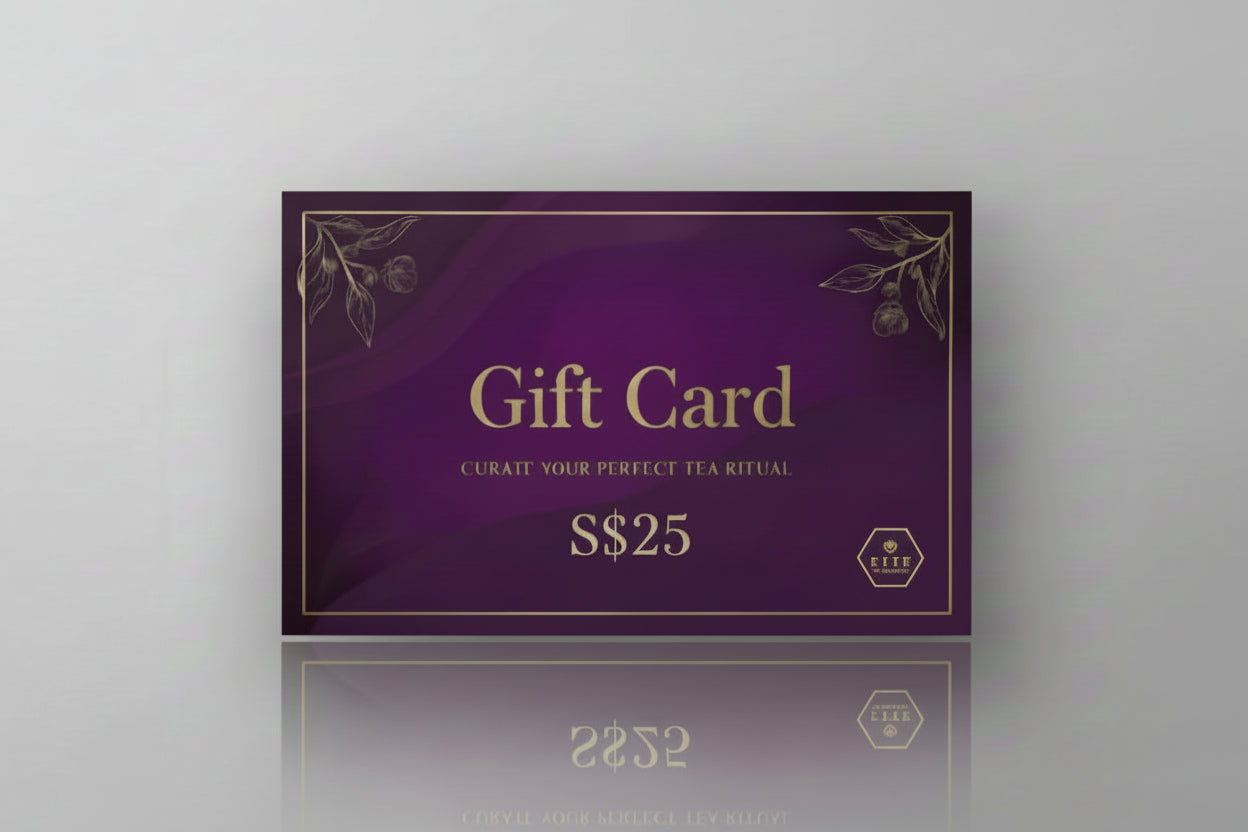 Purple gift card with gold text on a yellow background