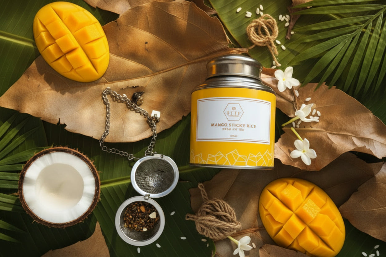 Yellow tea canister labeled 'Mango Sticky Rice' on brown leaves with a tea strainer and small bowl.