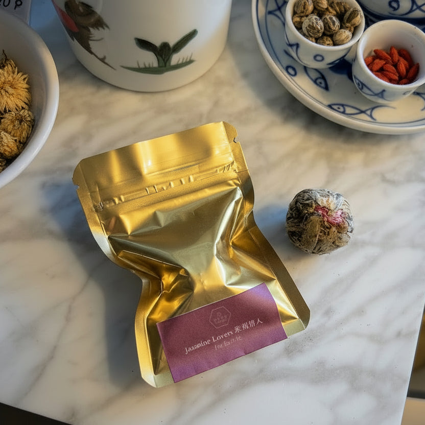 A tea bulb packaged in a golden sachet, displayed alongside a tea set on a marble surface.