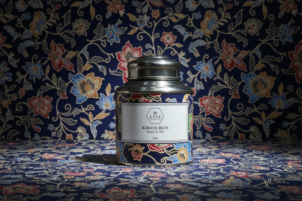 Candle tin with floral design against a patterned fabric background