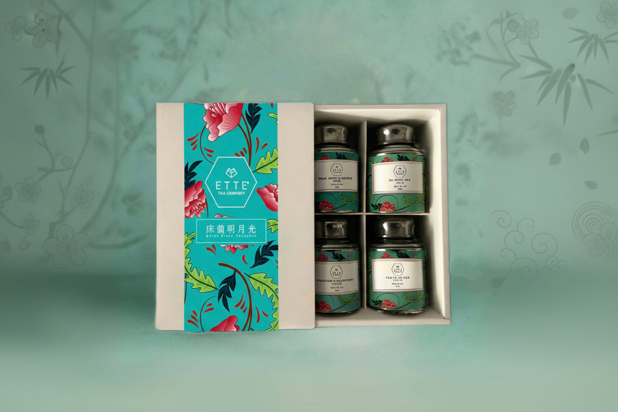 Gift set with tea packaging featuring floral design and 'ETTE' branding on a teal background.
