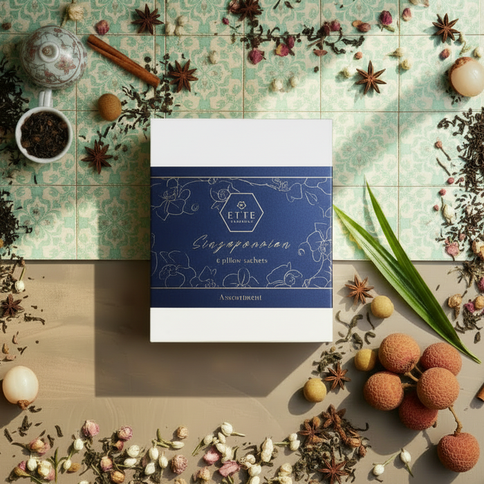 Packaging of Ette Singapore pillow sachets on a textured surface with decorative elements.