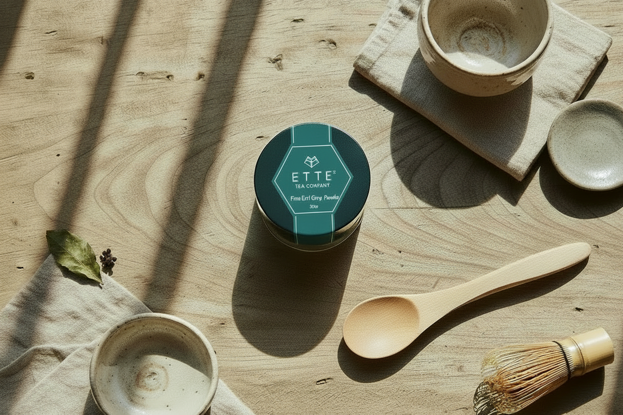 Ette Tea Company container on a textured surface with a wooden spoon