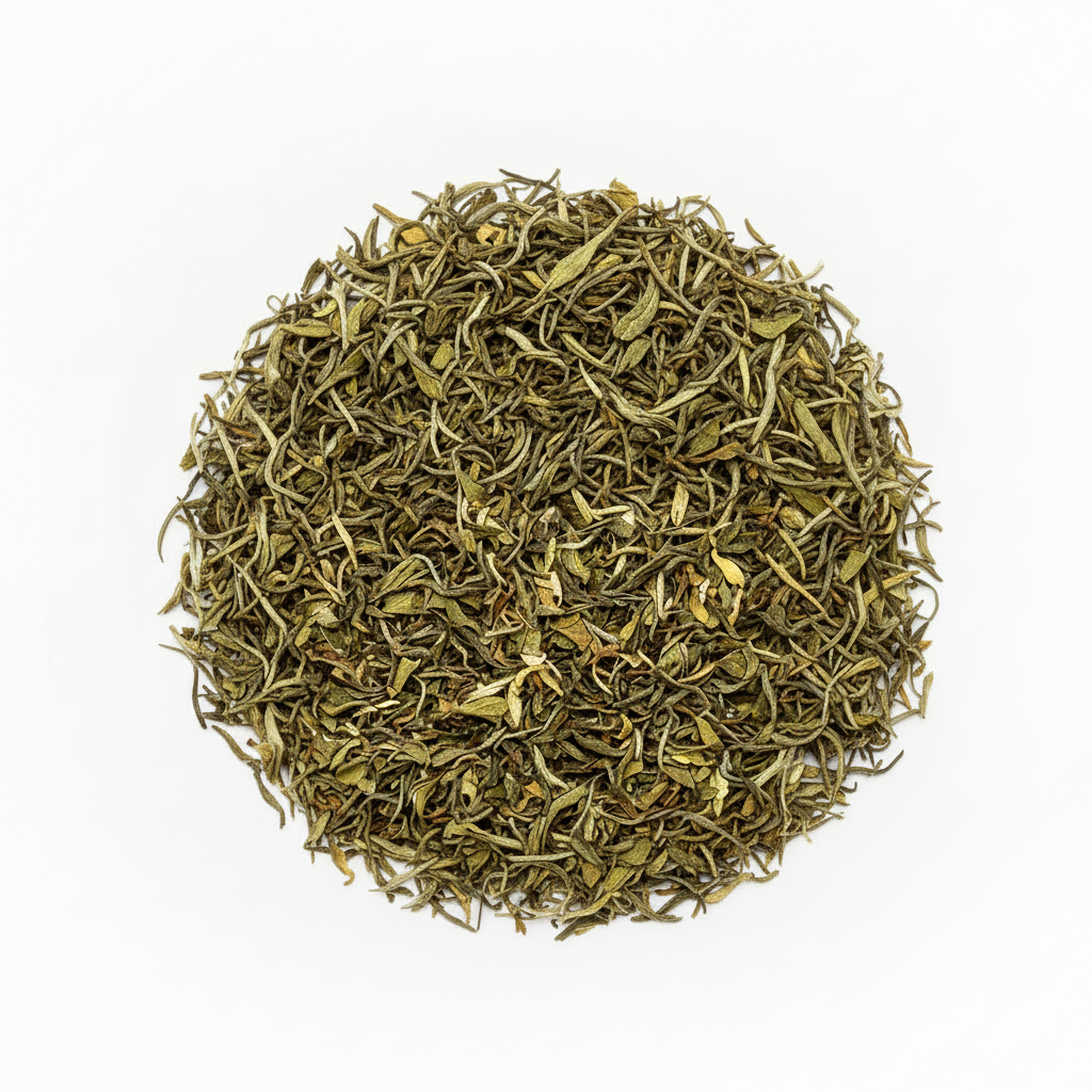 Close-up of dried green tea leaves