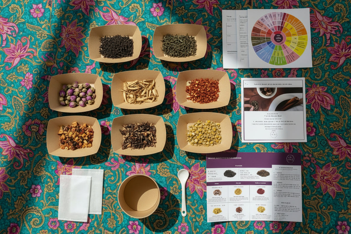 Tea-making kit with ingredients, tools, and color wheel on a wooden surface