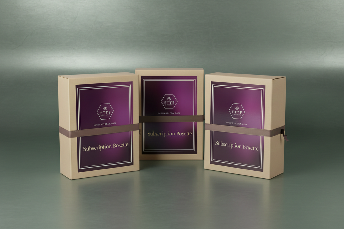 Three cardboard boxes with ETTE PLUM purple labels on a gray background