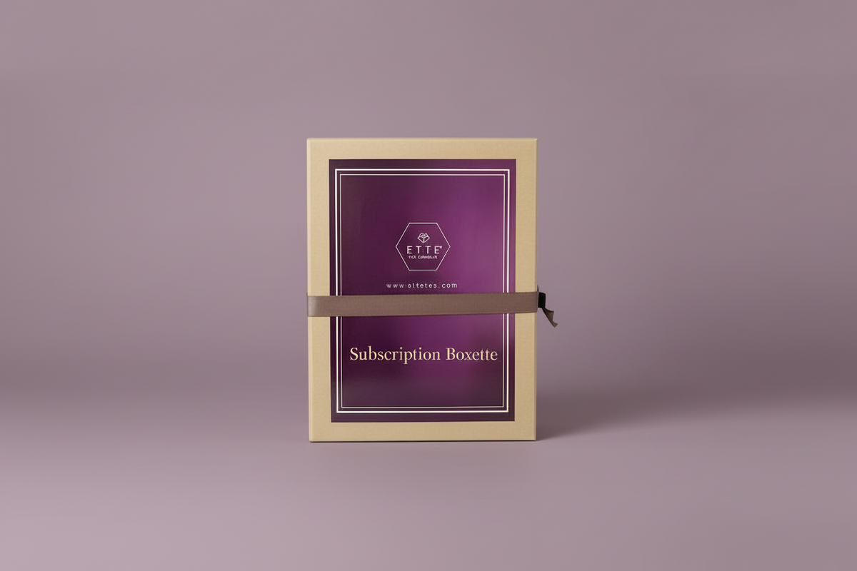Subscription box with purple label and gold trim on a matching background