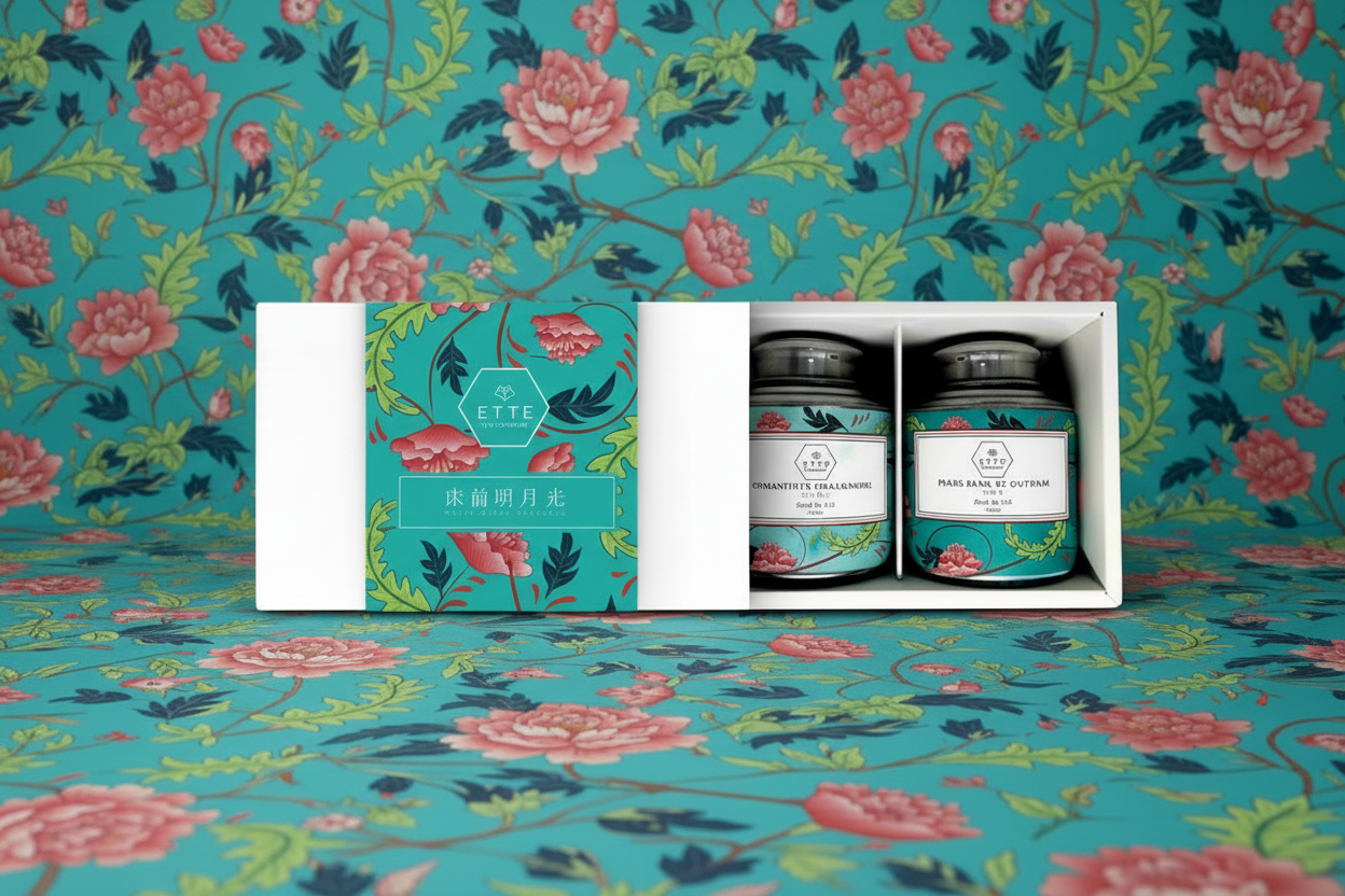 Two jars in a box with floral design on a matching floral background