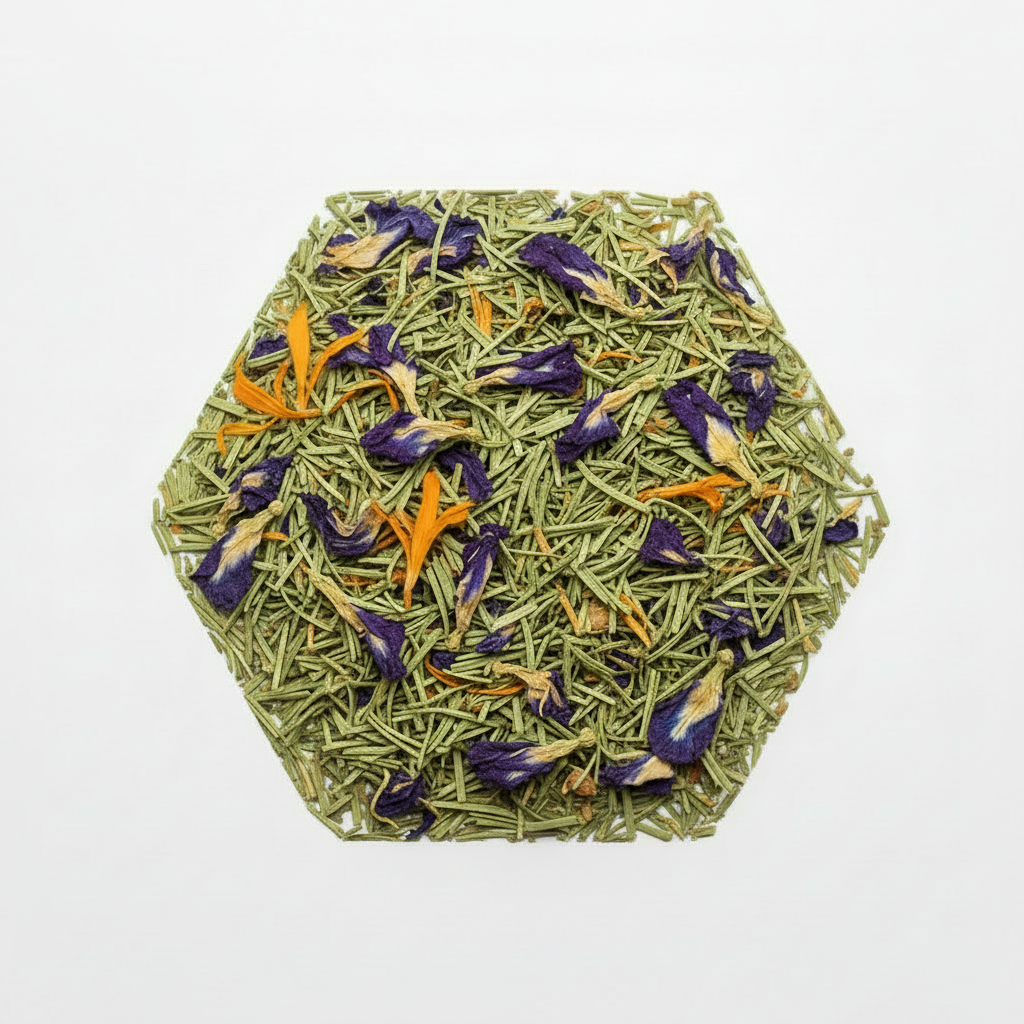 Hexagonal arrangement of green tea leaves with orange and black elements on a white background