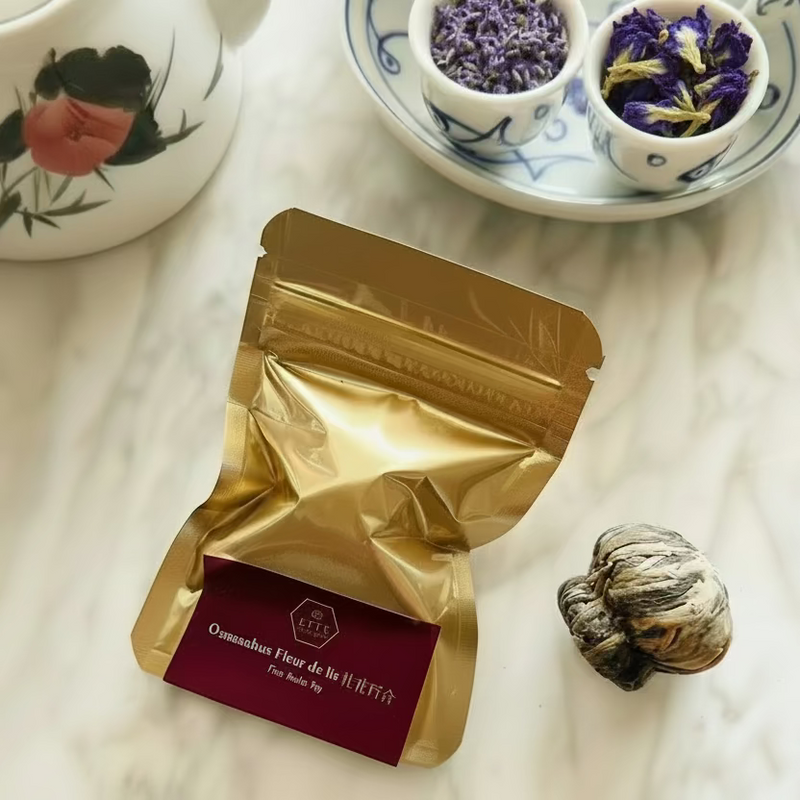 Gold tea packaging with a red label on a marble surface, with tea leaves and a teacup in the background.