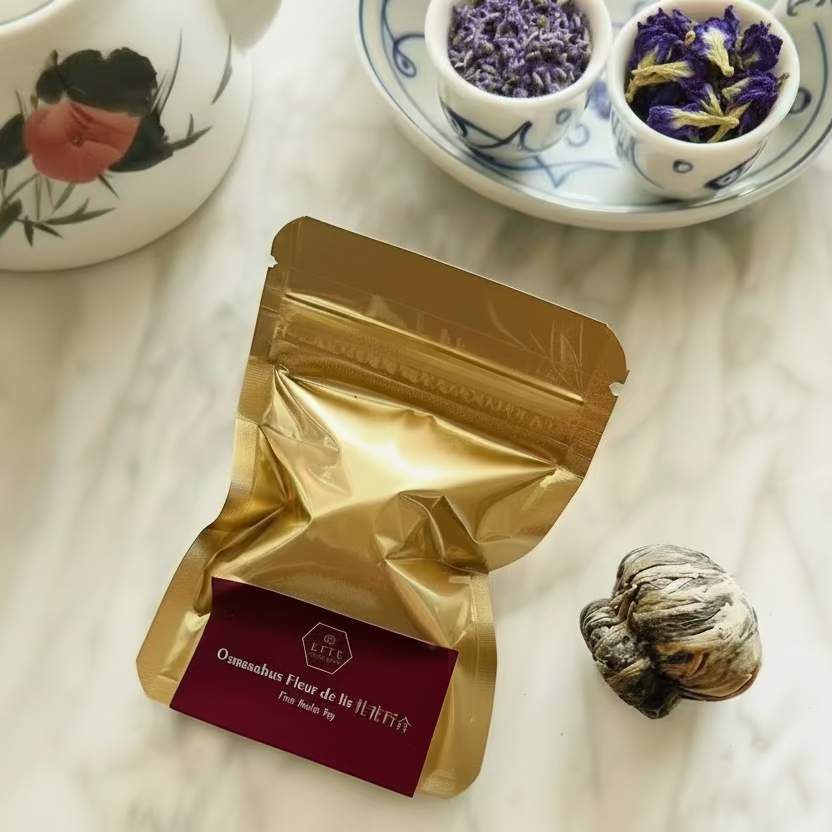 Gold tea packaging with a red label on a marble surface, with tea leaves and a teacup in the background.