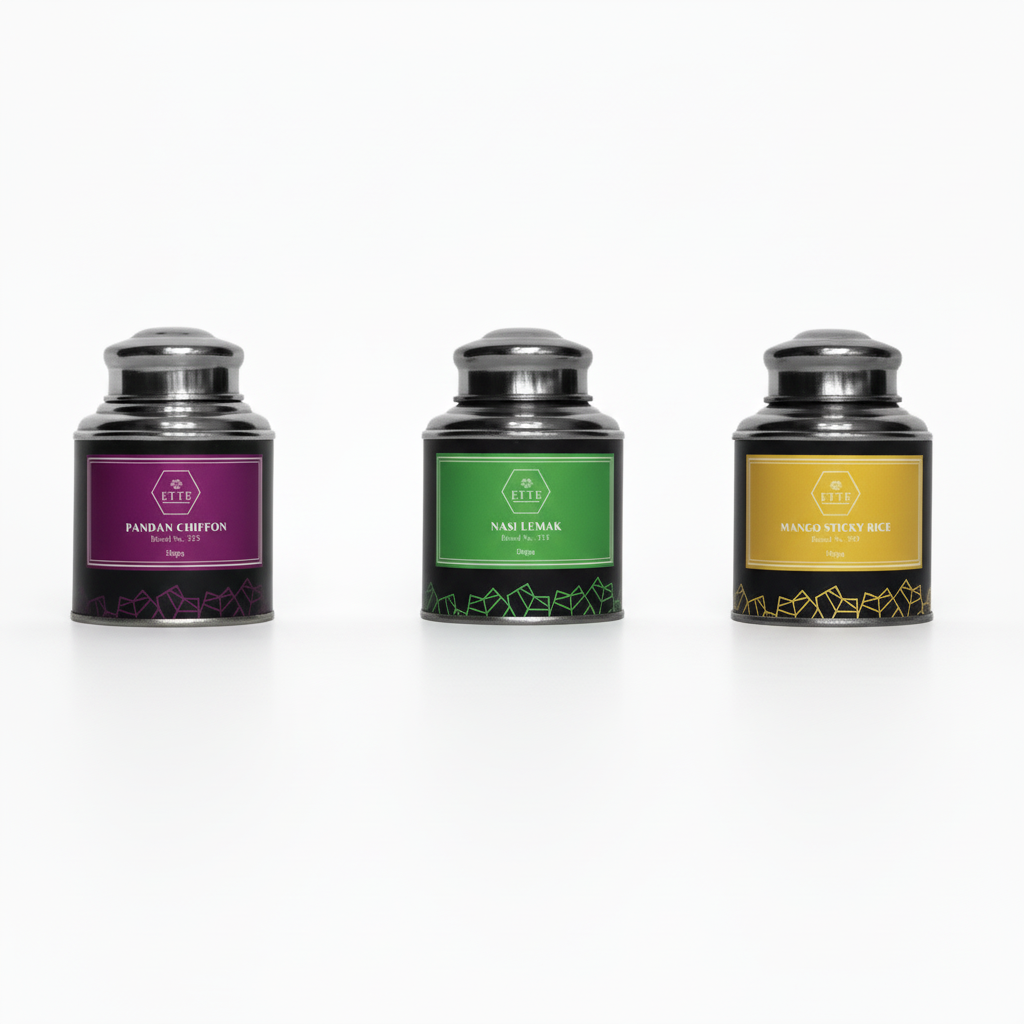 Three tea canisters with labels for Pandan Chiffon, Nasi Lemak, and Mango Sticky Rice.