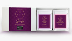 Tea packaging with purple labels and 'ETTE' branding on a white background