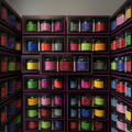 Shelves filled with colorful candles in boxes