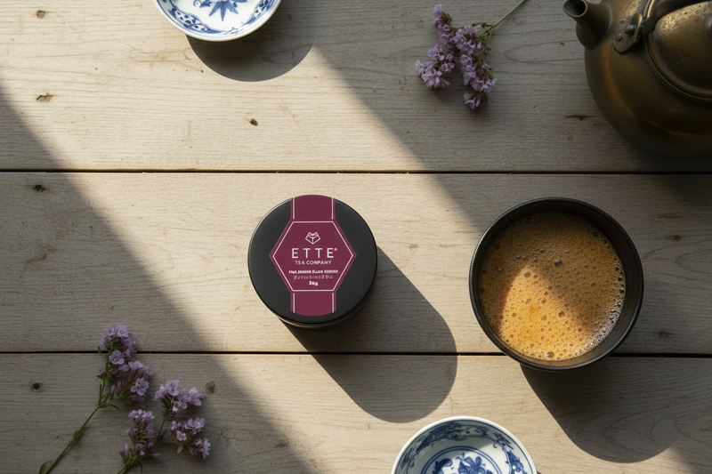 Assam black matcha cup with a lid labeled 'ETTE' on a wooden table with flowers and a teapot.