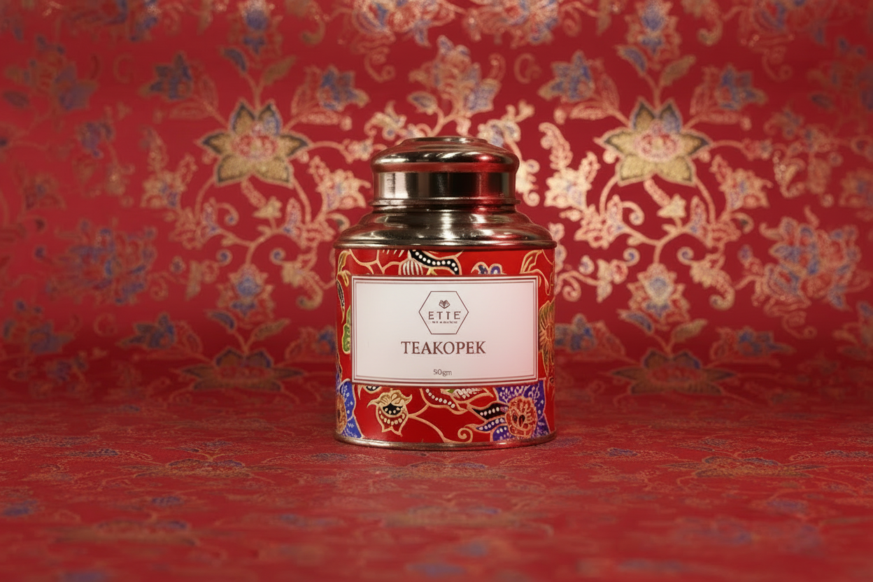 Red tea canister with decorative design on a matching floral background