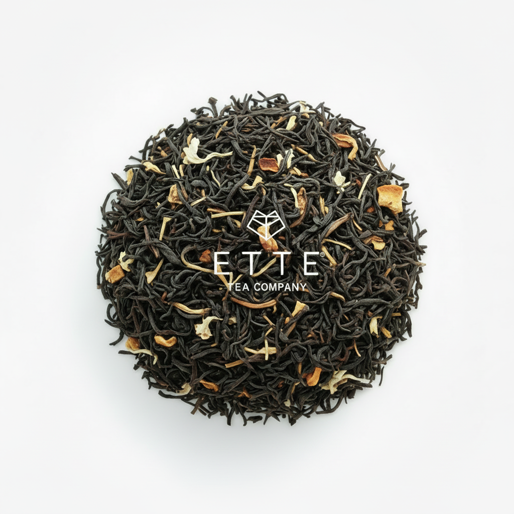 Tea ball with dried fruits and leaves on a white background, featuring the Ette Tea Company logo.