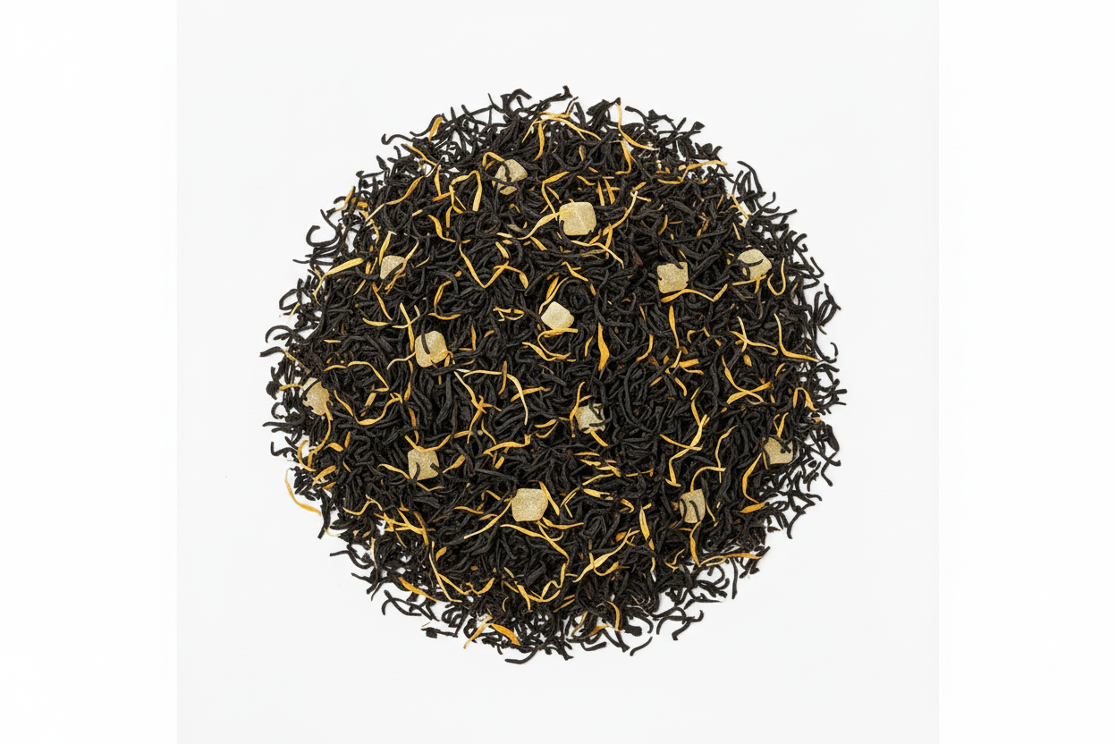 Black tea leaves with gold buds on a white background