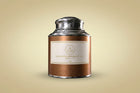 Tea canister with a label on a white background
