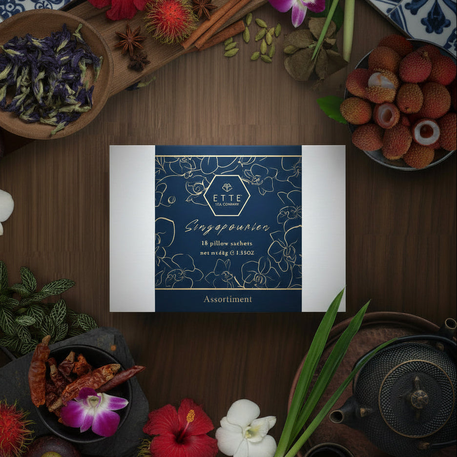 Product packaging with brand name on a wooden surface with decorative items