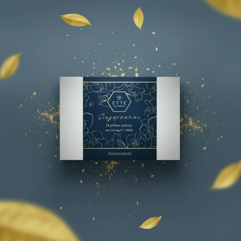 SINGAPOURIEN box with floral design and branding on a light blue background