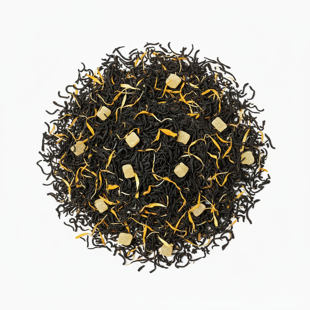 Close-up of black tea leaves with gold elements in a container